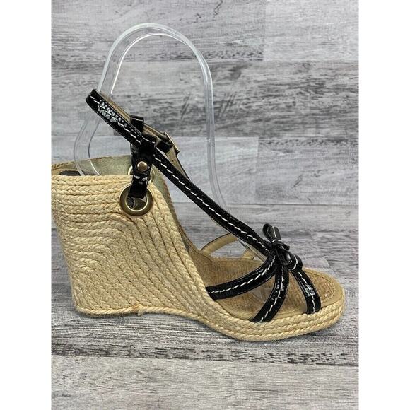 Midas Womens Size 6M Black Patent Leather Strap Espadrille Wedge Sandals - Picture 7 of 8